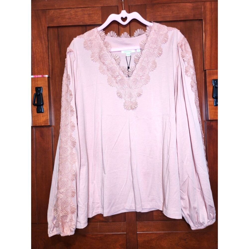 Chico's French Blush Pink Knit Top Lace Trim Gathered Sleeve Women's Size XXL